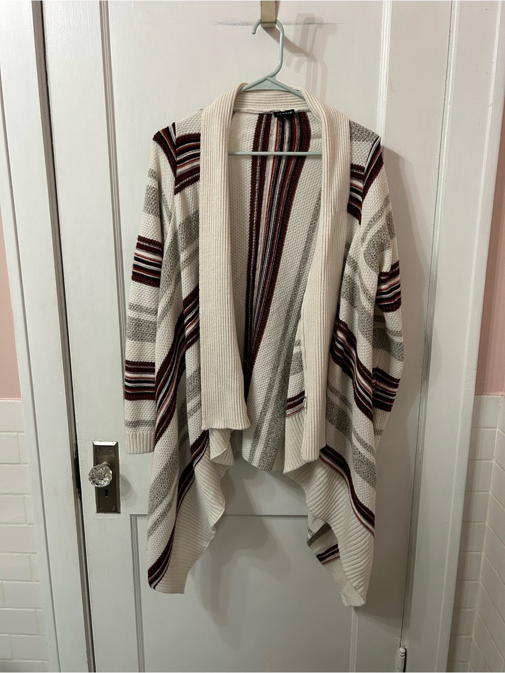 torrid Cream Open-Front Striped Drape Cardigan with Burgundy & Gray Accents